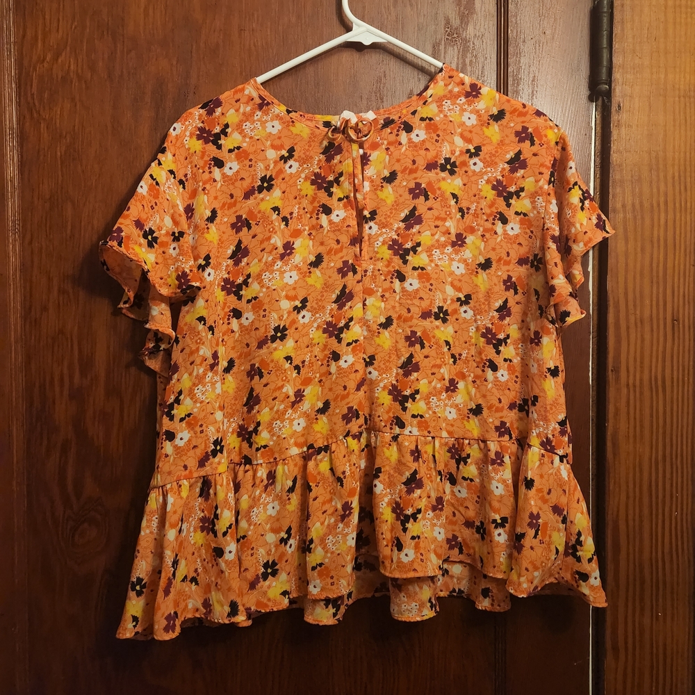 Women's Orange Floral Peplum Blouse with Ruffle Hem